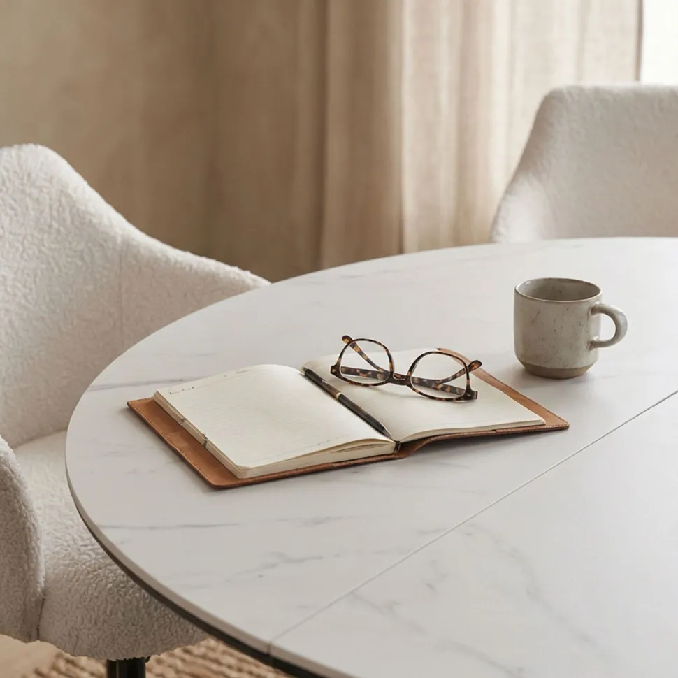 Table extensible Tyrese 160cm pieds en étoile et plateau effet marbre Blanc