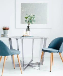 Table hexagonale 120cm Zadig Verre Effet marbre blanc et pied Métal Argent