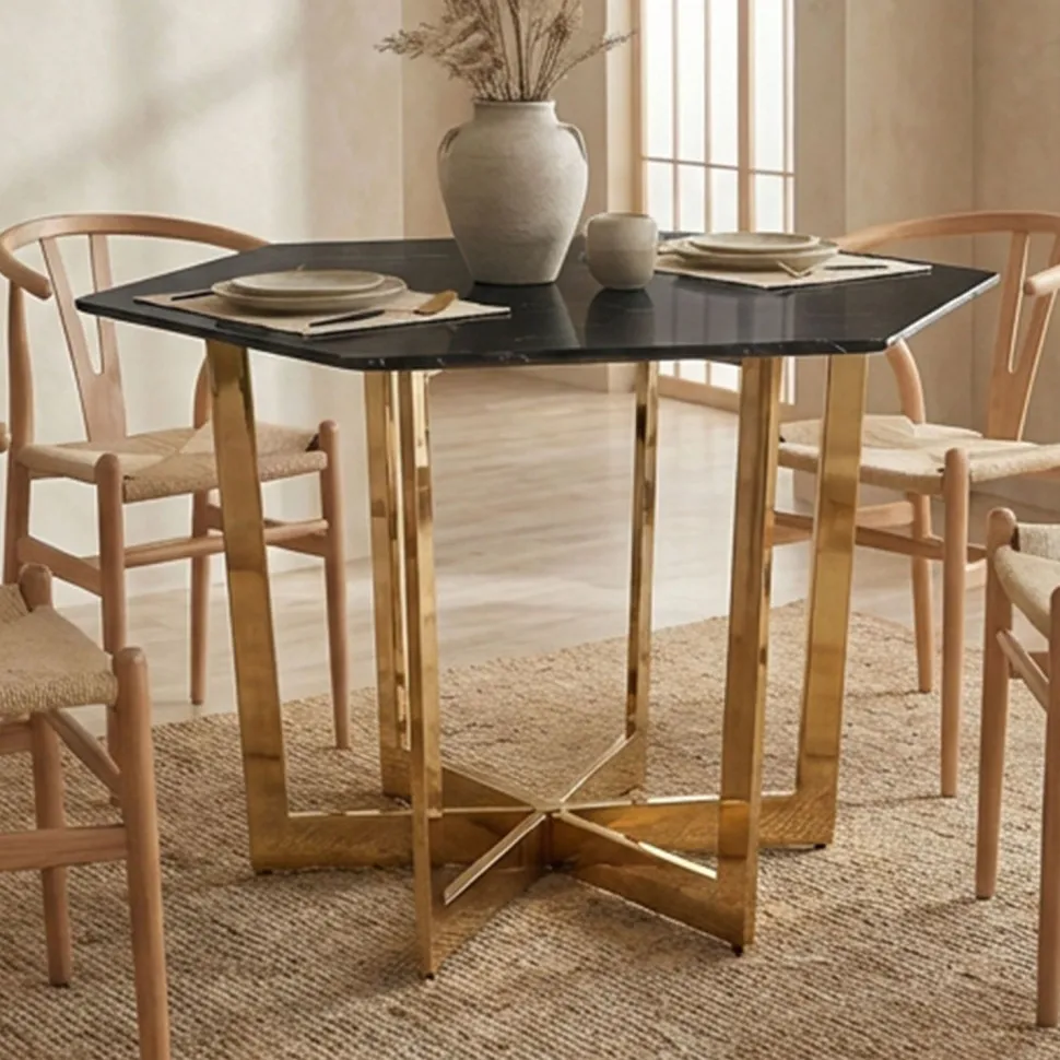 Table hexagonale 120cm Zadig Verre Effet marbre noir et pied Métal Or