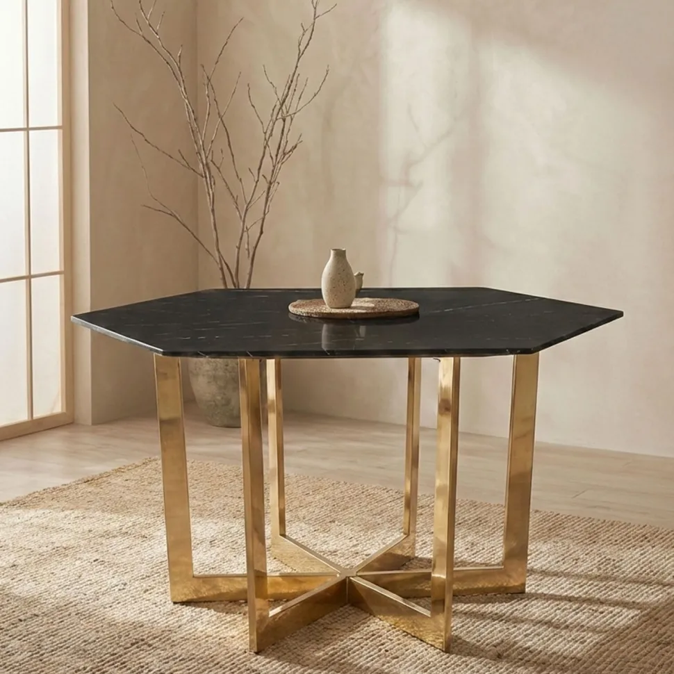 Table hexagonale 120cm Zadig Verre Effet marbre noir et pied Métal Or