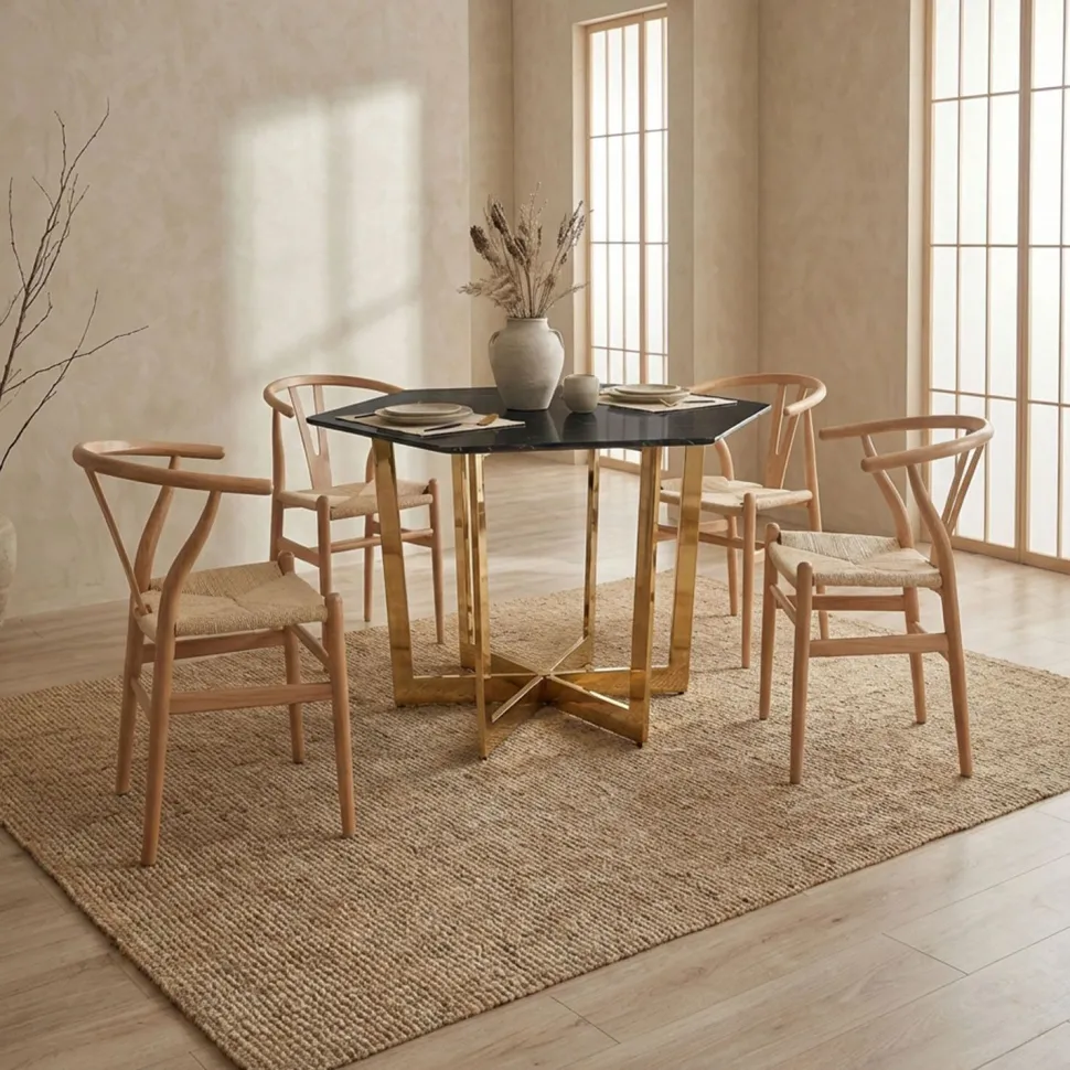 Table hexagonale 120cm Zadig Verre Effet marbre noir et pied Métal Or