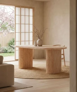 Table ovale Burundi avec pieds design style colonnes Effet travertin Beige