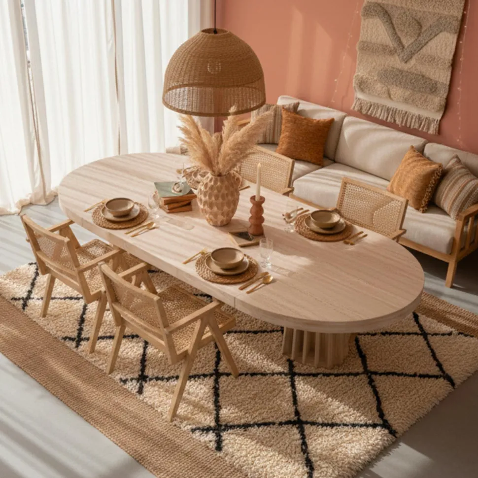 Table ovale extensible 150-300cm Eliza Effet Travertin Beige