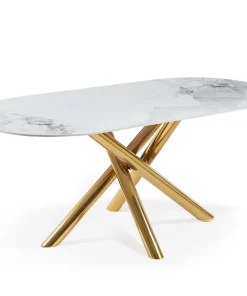 Table ovale 90x180cm Rusking Effet marbre blanc et pieds croisés Métal doré