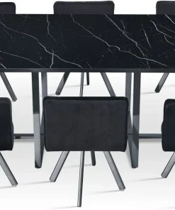 Table rectangulaire 150cm avec 6 chaises gain de place Oslo XL Effet marbre noir et Velours Noir