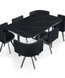 Table rectangulaire 150cm avec 6 chaises gain de place Oslo XL Effet marbre noir et Velours Noir