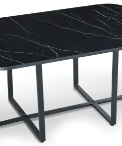 Table rectangulaire 150cm avec 6 chaises gain de place Oslo XL Effet marbre noir et Velours Noir