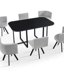 Table rectangulaire 150cm avec 6 chaises gain de place Oslo Noir et Tissu Gris