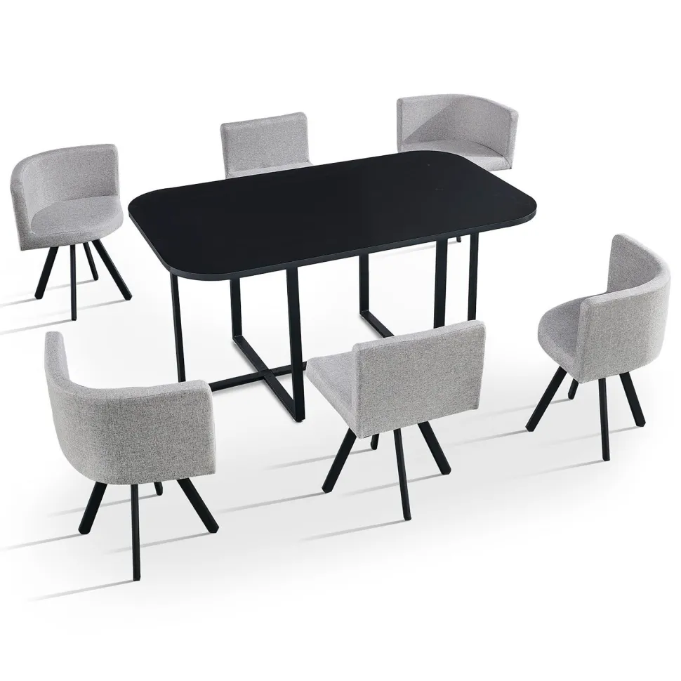 Table rectangulaire 150cm avec 6 chaises gain de place Oslo Noir et Tissu Gris