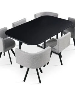 Table rectangulaire 150cm avec 6 chaises gain de place Oslo Noir et Tissu Gris