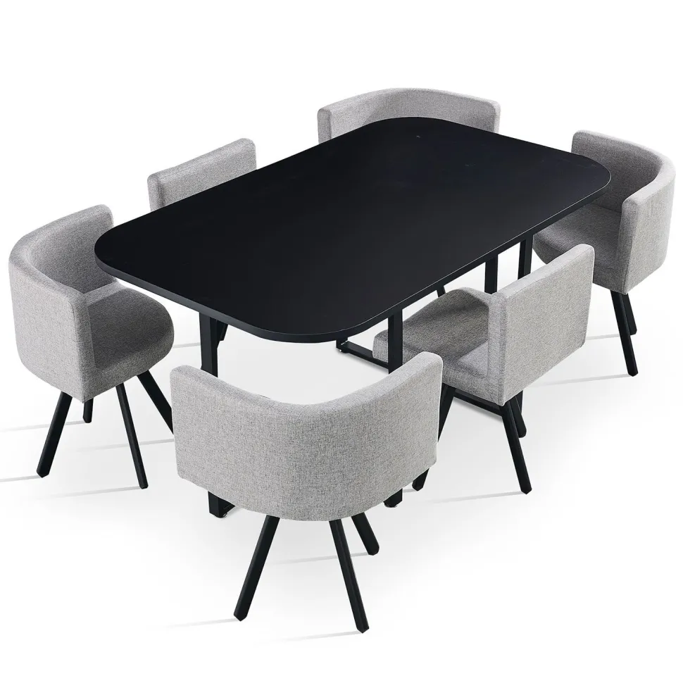 Table rectangulaire 150cm avec 6 chaises gain de place Oslo Noir et Tissu Gris