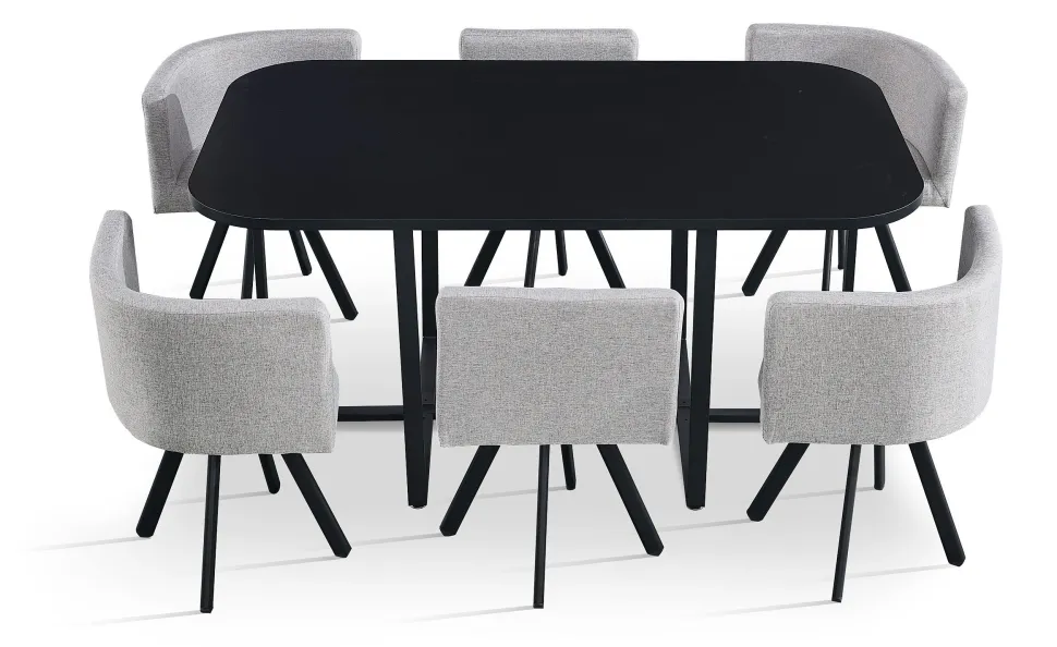 Table rectangulaire 150cm avec 6 chaises gain de place Oslo Noir et Tissu Gris