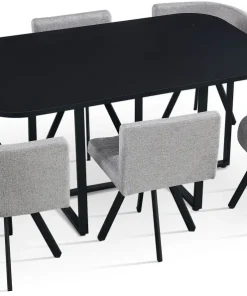 Table rectangulaire 150cm avec 6 chaises gain de place Oslo Noir et Tissu Gris