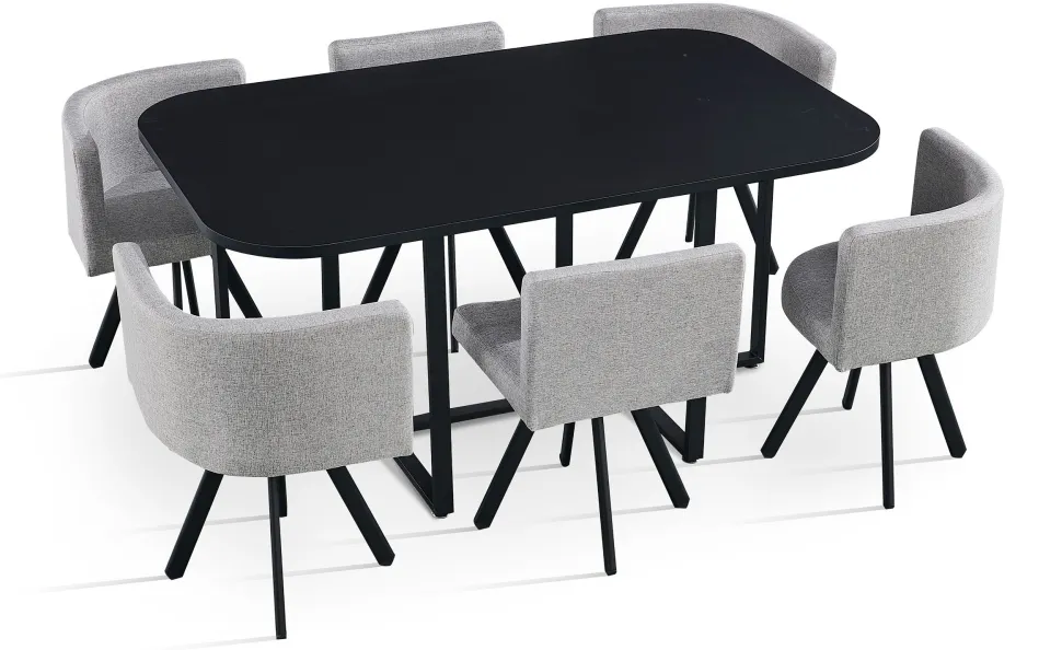 Table rectangulaire 150cm avec 6 chaises gain de place Oslo Noir et Tissu Gris