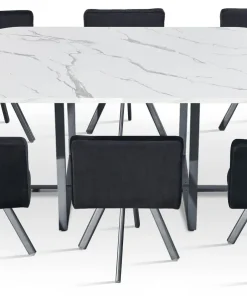Table rectangulaire 150cm avec 6 chaises gain de place Oslo XL Effet marbre blanc et Velours Noir