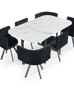 Table rectangulaire 150cm avec 6 chaises gain de place Oslo XL Effet marbre blanc et Velours Noir