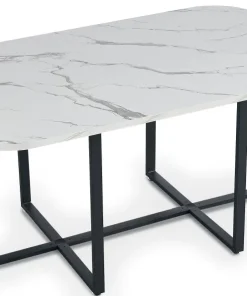 Table rectangulaire 150cm avec 6 chaises gain de place Oslo XL Effet marbre blanc et Velours Noir