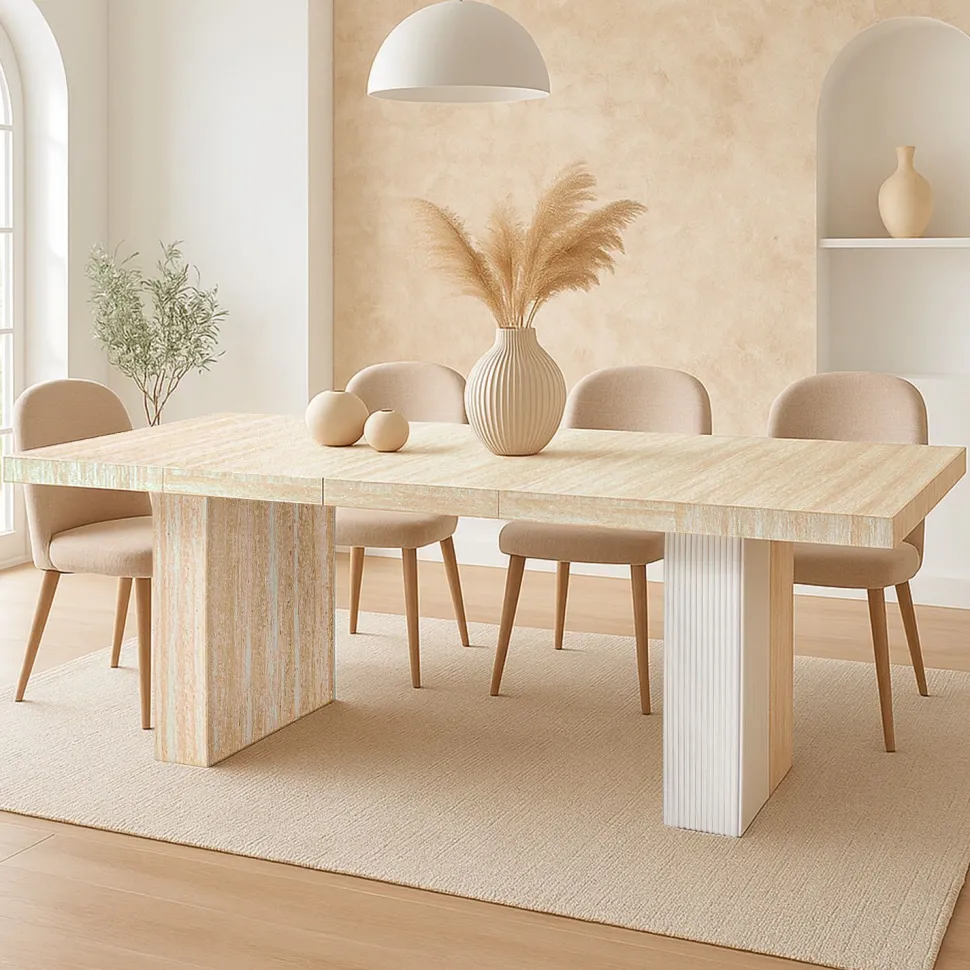 Table rectangulaire extensible Virzon 100-240cm Effet Travertin Beige et rainurage Blanc