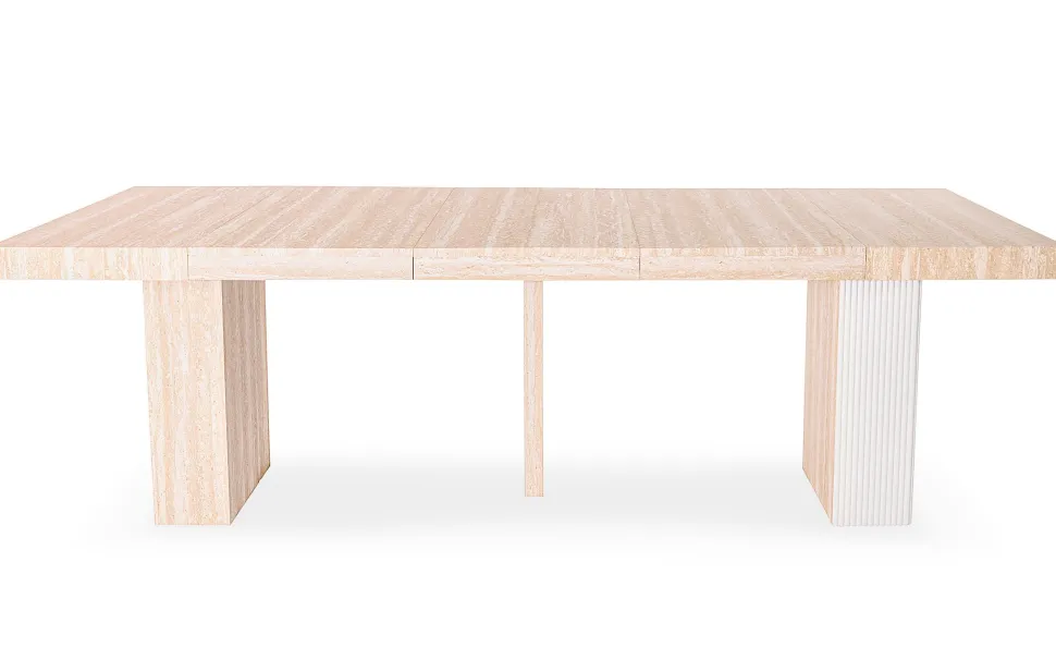 Table rectangulaire extensible Virzon 100-240cm Effet Travertin Beige et rainurage Blanc