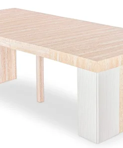Table rectangulaire extensible Virzon 100-240cm Effet Travertin Beige et rainurage Blanc