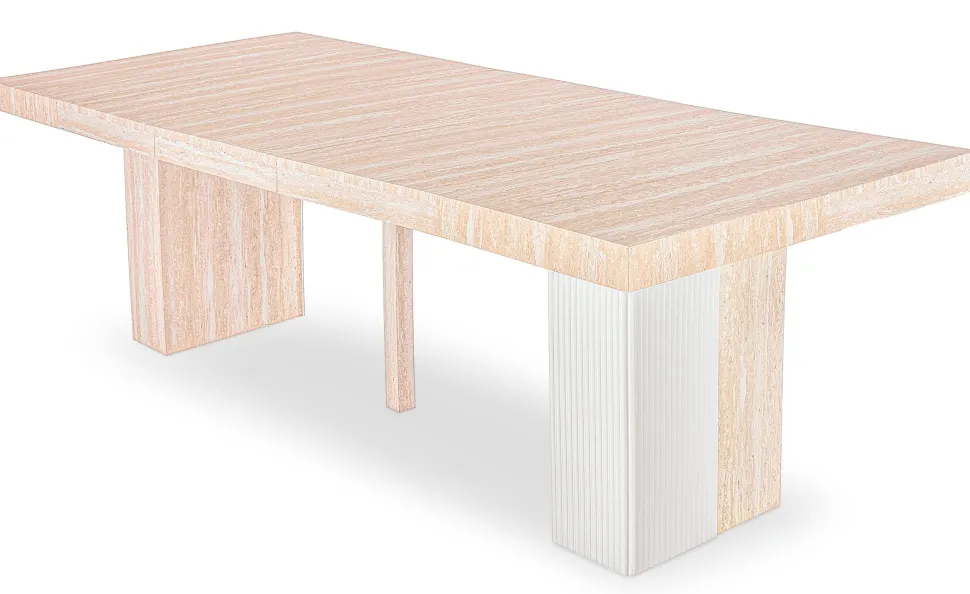 Table rectangulaire extensible Virzon 100-240cm Effet Travertin Beige et rainurage Blanc