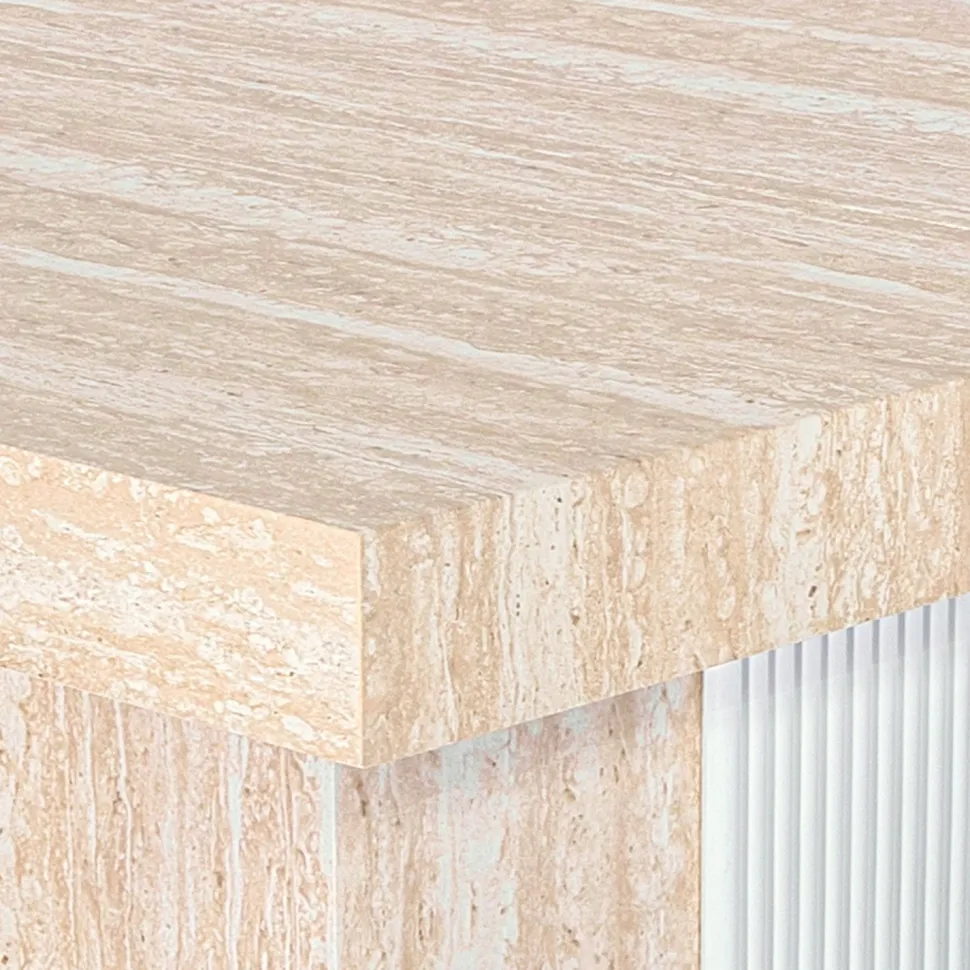 Table rectangulaire extensible Virzon 100-240cm Effet Travertin Beige et rainurage Blanc