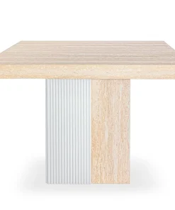 Table rectangulaire extensible Virzon 100-240cm Effet Travertin Beige et rainurage Blanc