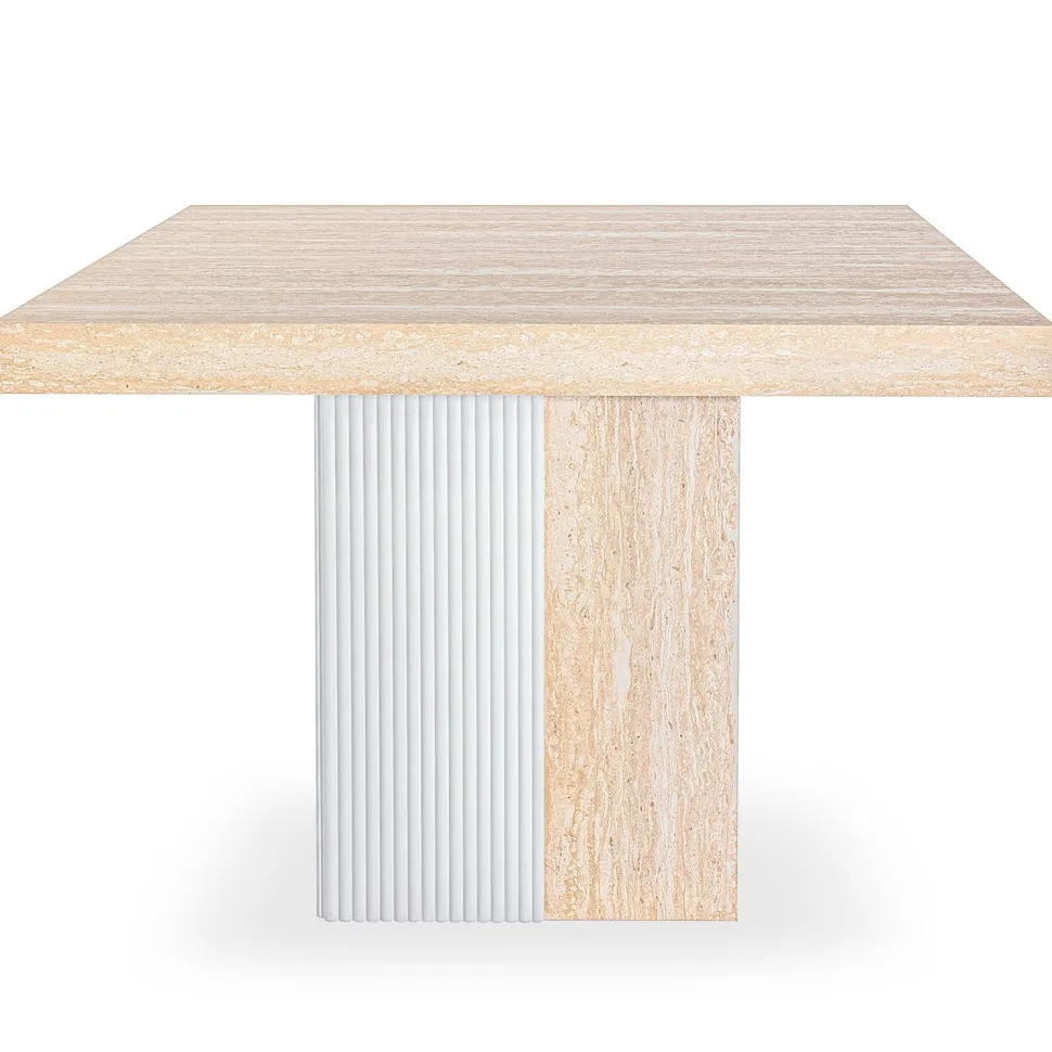 Table rectangulaire extensible Virzon 100-240cm Effet Travertin Beige et rainurage Blanc