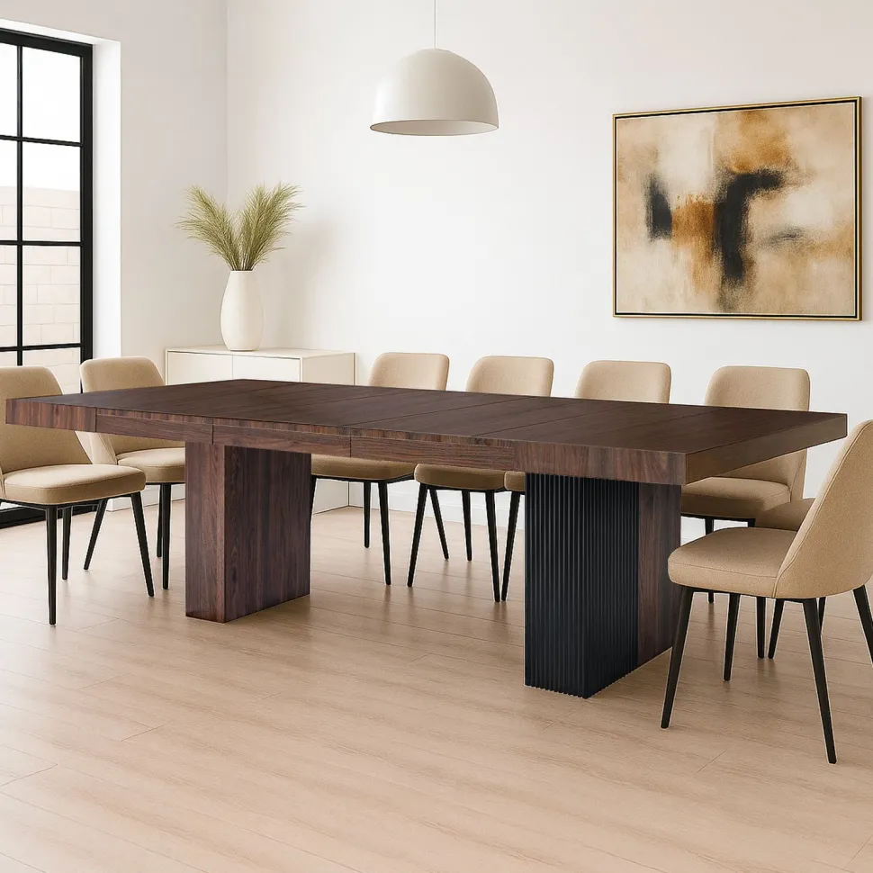 Table rectangulaire extensible Virzon 100-240cm Bois noisette et rainurage Noir