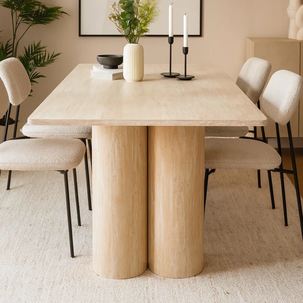 Table rectangulaire pieds colonnes design Historic 90x180cm Effet Travertin Beige
