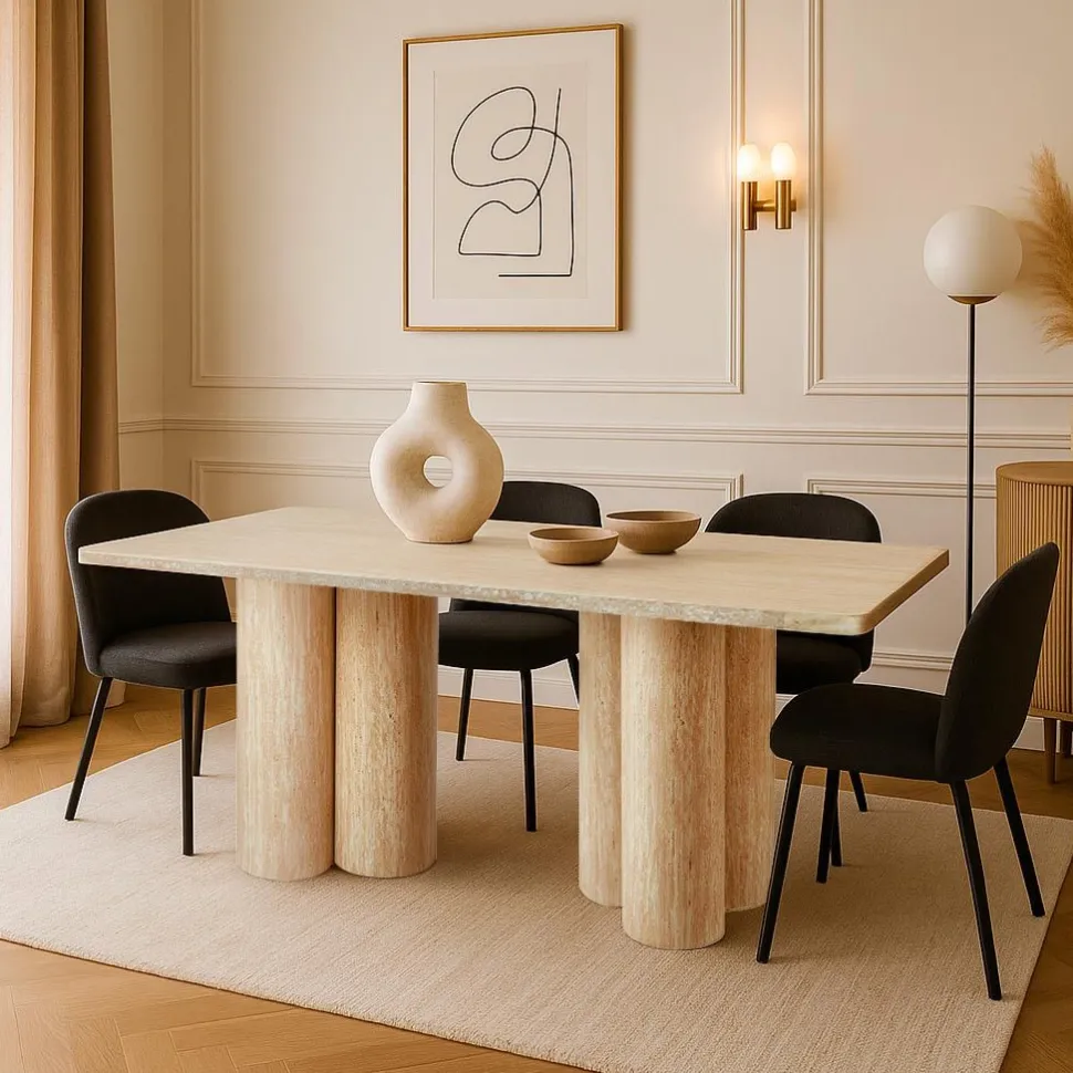 Table rectangulaire pieds colonnes design Historic 90x180cm Effet Travertin Beige