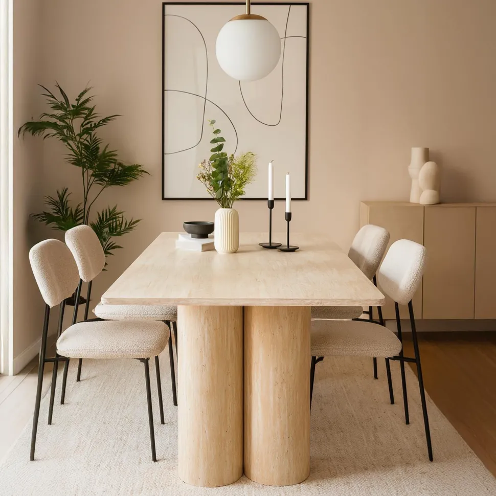 Table rectangulaire pieds colonnes design Historic 90x180cm Effet Travertin Beige