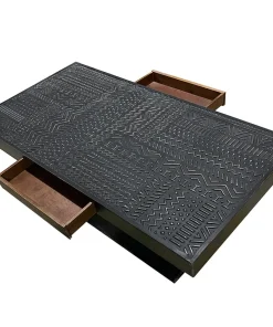 Table rectangulaire style ethnique 60x120cm Kinshasa 2 tiroirs Bois Noir