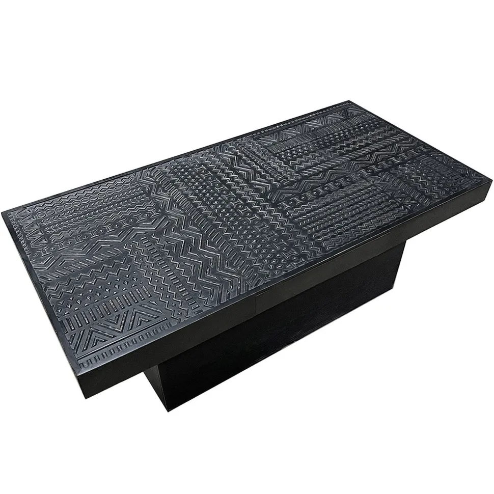 Table rectangulaire style ethnique 60x120cm Kinshasa 2 tiroirs Bois Noir