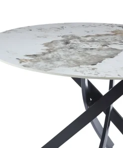 Table ronde Bangui 120cm Céramique effet marbre Blanc et pieds croisés Métal Noir