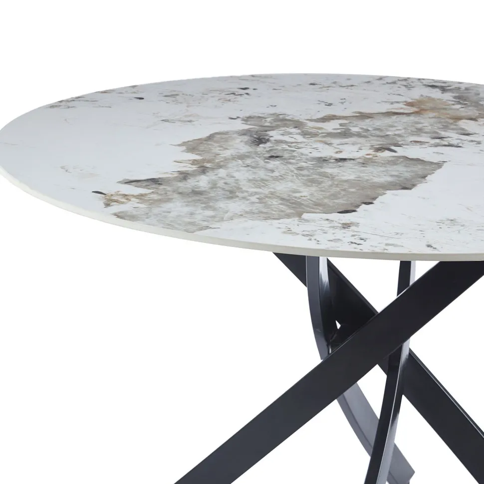 Table ronde Bangui 120cm Céramique effet marbre Blanc et pieds croisés Métal Noir