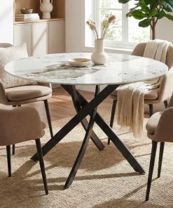 Table ronde Bangui 120cm Céramique effet marbre Blanc et pieds croisés Métal Noir