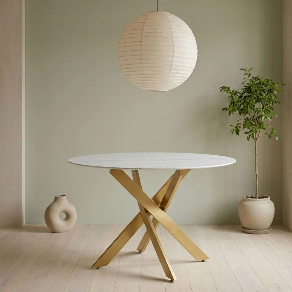 Table ronde Corix Verre effet Marbre Blanc et pieds Or