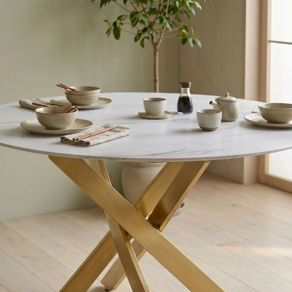 Table ronde Corix Verre effet Marbre Blanc et pieds Or