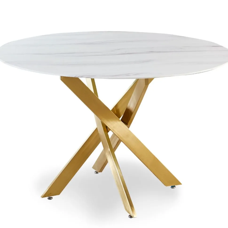 Table ronde Corix Verre effet Marbre Blanc et pieds Or
