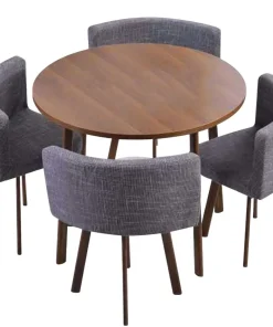 Table ronde et chaises Riga Chêne Foncé et Tissu Gris