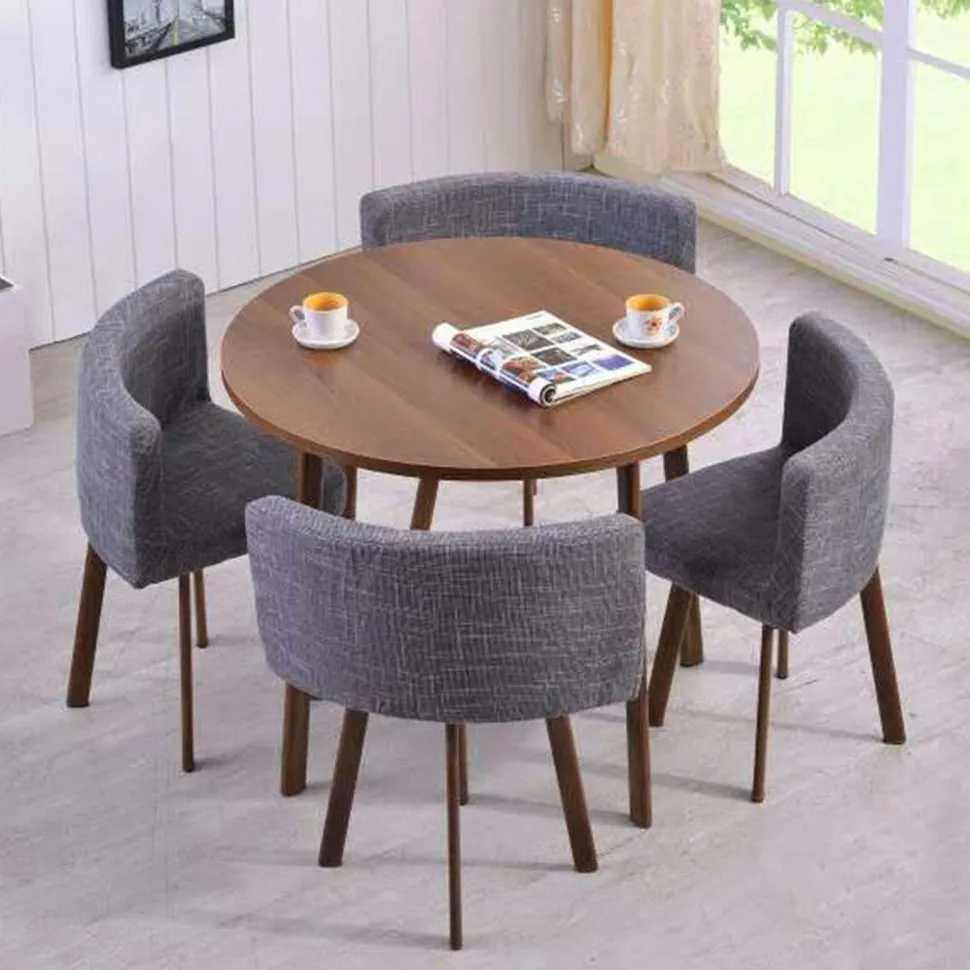Table ronde et chaises Riga Chêne Foncé et Tissu Gris