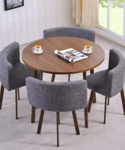 Table ronde et chaises Riga Chêne Foncé et Tissu Gris
