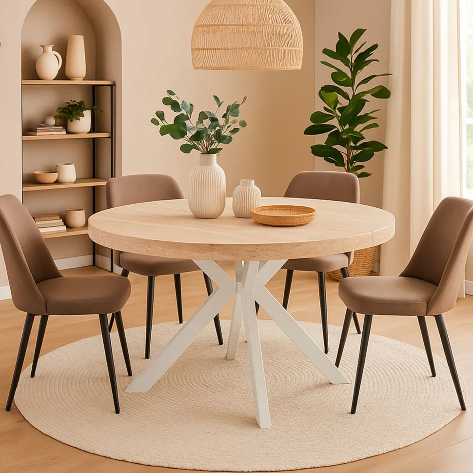 Table ronde extensible 110-260cm Myriade Effet travertin Beige et Blanc