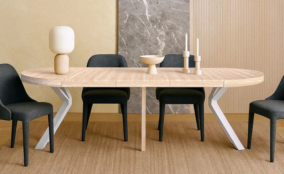 Table ronde extensible 110-260cm Myriade Effet travertin Beige et Blanc