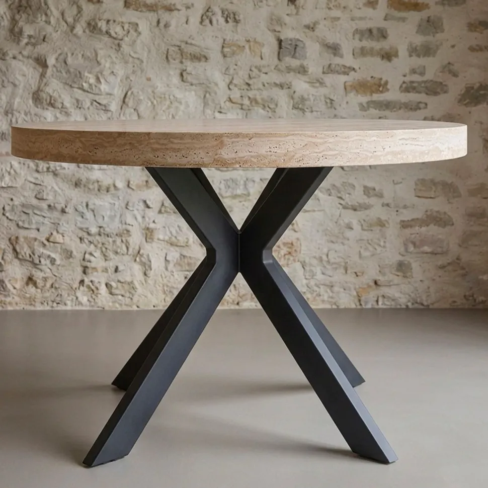 Table ronde extensible 110-260cm Myriade Effet travertin Beige et Noir