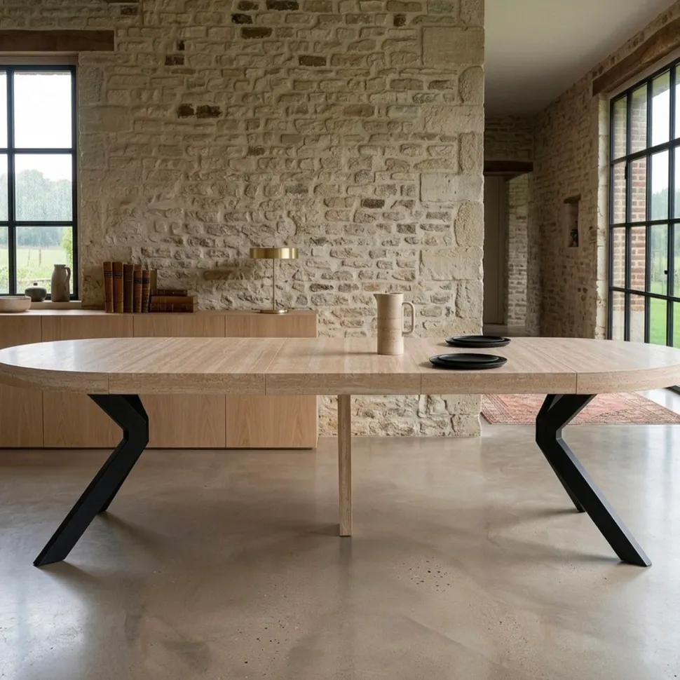 Table ronde extensible 110-260cm Myriade Effet travertin Beige et Noir