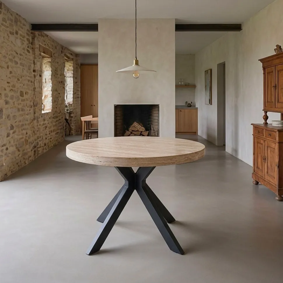 Table ronde extensible 110-260cm Myriade Effet travertin Beige et Noir