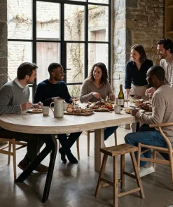 Table ronde extensible 110-260cm Myriade Effet travertin Beige et Noir