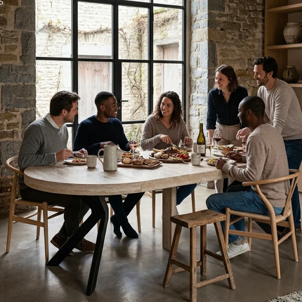 Table ronde extensible 110-260cm Myriade Effet travertin Beige et Noir